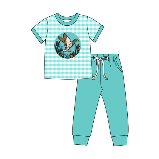 ( Moq 5 ) Preorder Baby Boys Short Sleeves Duck Green Plaid Shirt Pockets Pants Set Clothes