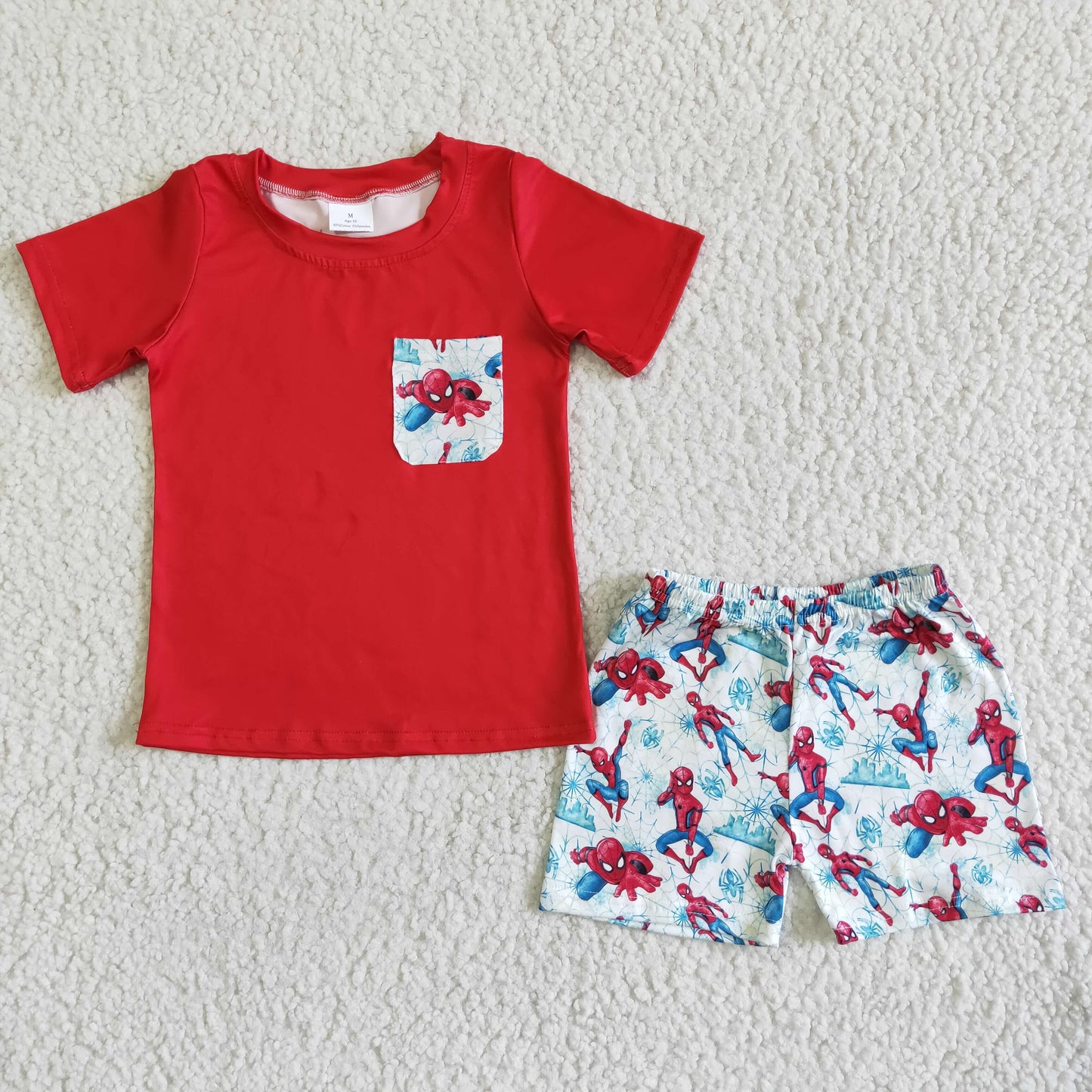 Promotion Baby Boy Red Pocket Shirt Cartoon Shorts Outfit RTS
