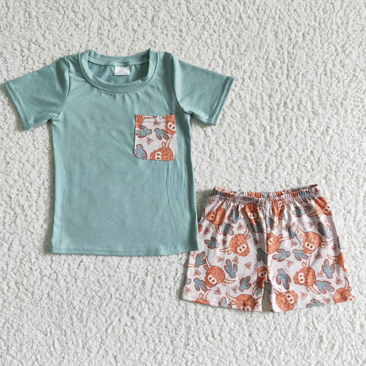 Promotion Baby Boy Short Sleeves Pocket Shirt Cow Cactus Shorts Western Outfit RTS