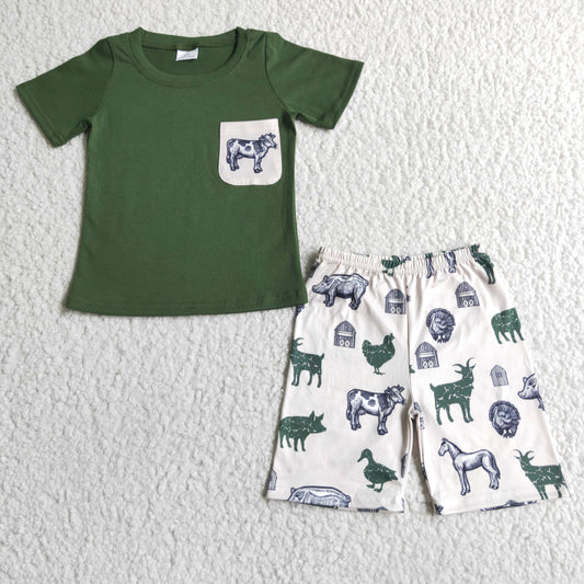Promotion Baby Boy Short Sleeves Green Shirt Summer Cow Farm Pocket Outfit