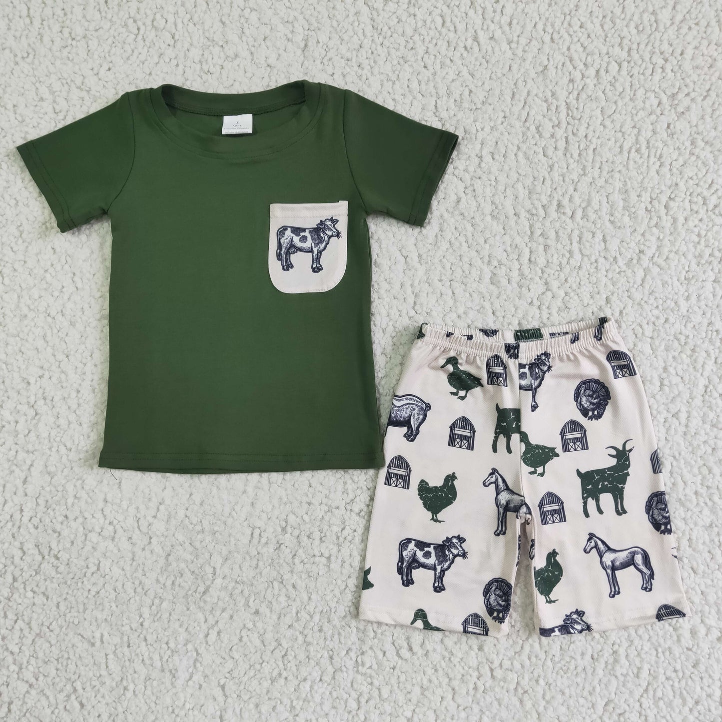 Promotion Baby Boy Short Sleeves Green Shirt Summer Cow Farm Pocket Outfit RTS
