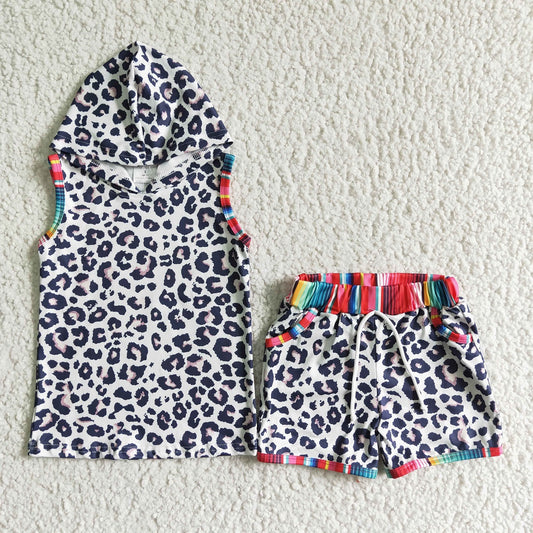 Promotion Baby Kids Sleeveless Hoodie Shirt Leopard Pocket Shorts Outfit
