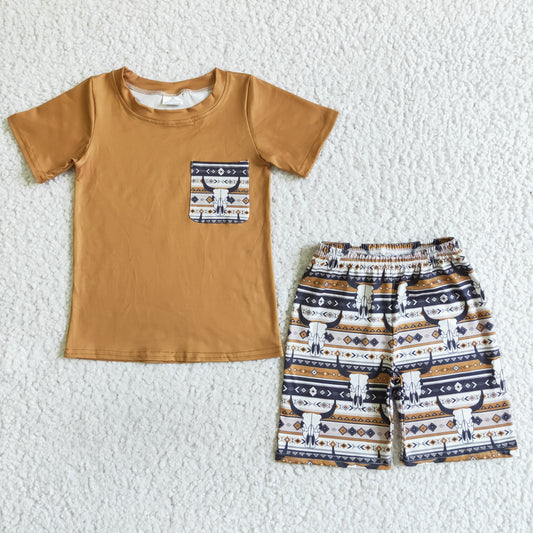 Promotion Baby Boy Summer Western Pocket Shirt Cows Aztec Print Shorts Outfit RTS