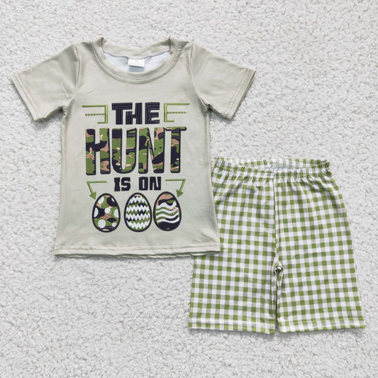 Promotion Easter Baby Boy Short Sleeves Eggs Shirt Plaid Shorts Set RTS
