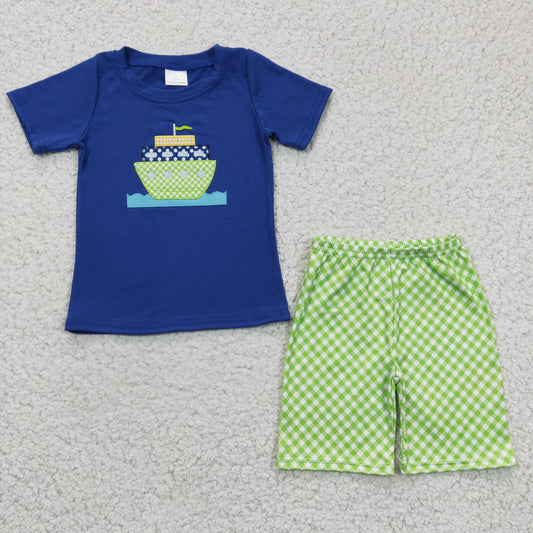 Promotion Baby Boy Short Sleeves Embroidery Boat Shirt Green Plaid Shorts Outfit RTS