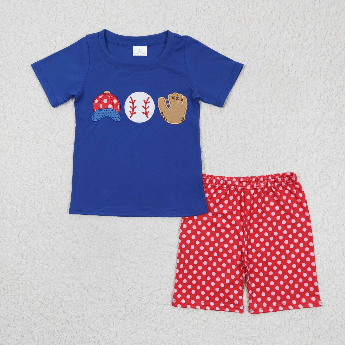 Promotion Baby Boy Short Sleeves Embroidery Baseball Blue Shirt Shorts Outfit RTS