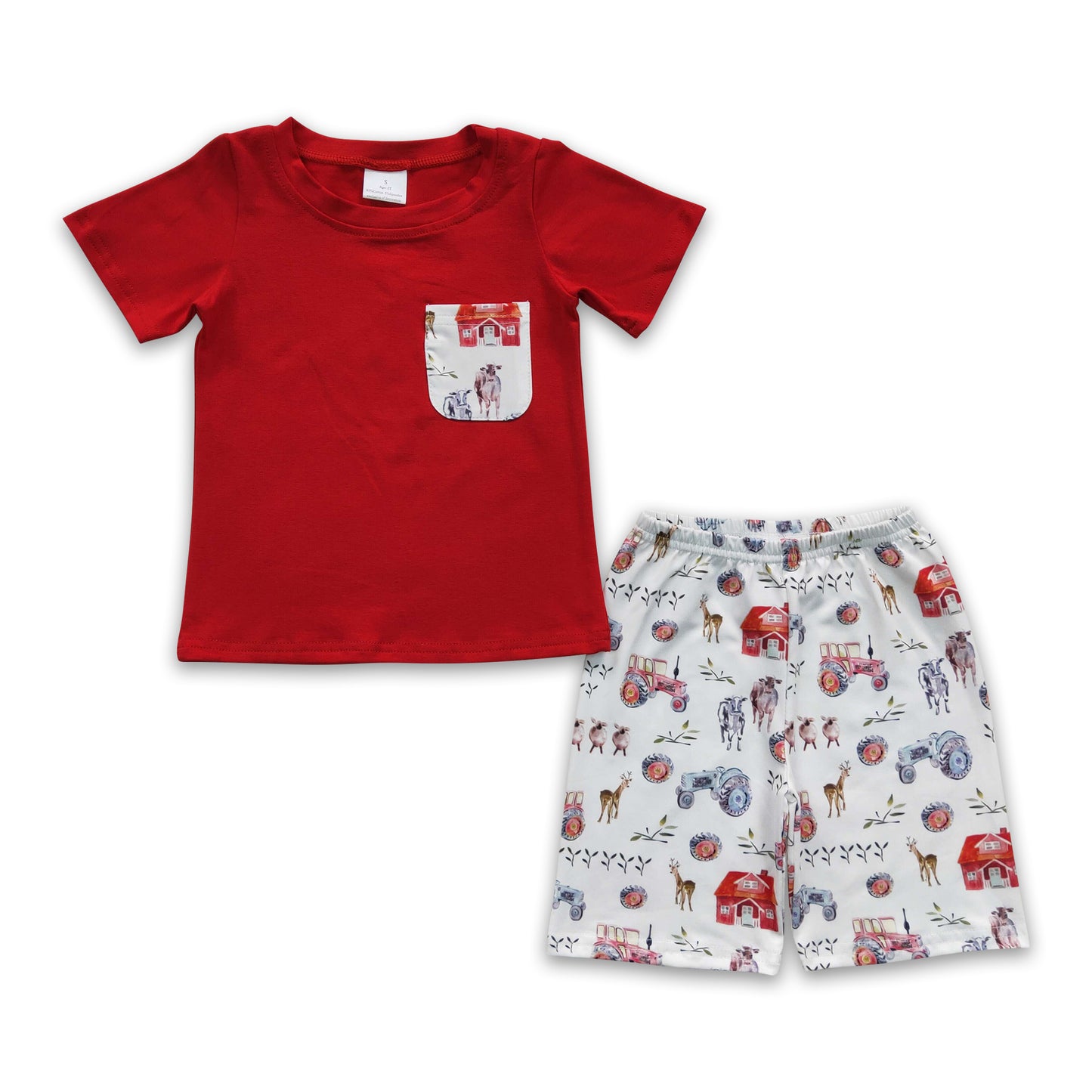 Promotion Baby Boy Short Sleeves Pocket Shirt Cow Tractors Farm Shorts Outfit RTS
