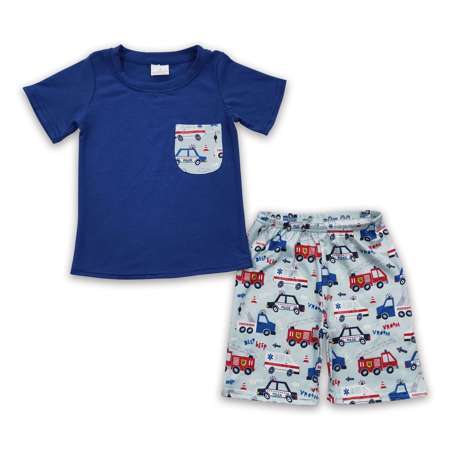 Promotion Baby Boy Short Sleeves Pocket Blue Shirt Trucks Shorts Outfit RTS