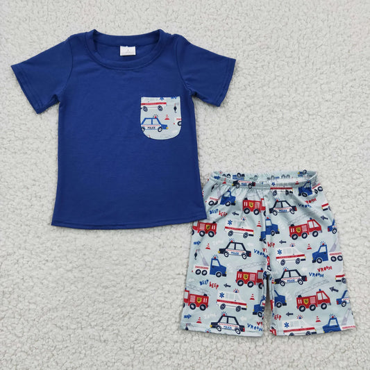 Promotion Baby Boy Short Sleeves Pocket Blue Shirt Trucks Shorts Outfit RTS