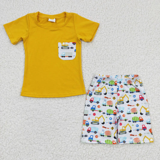 Promotion Baby Boy Short Sleeves Pocket Yellow Shirt Construction Shorts Outfit RTS