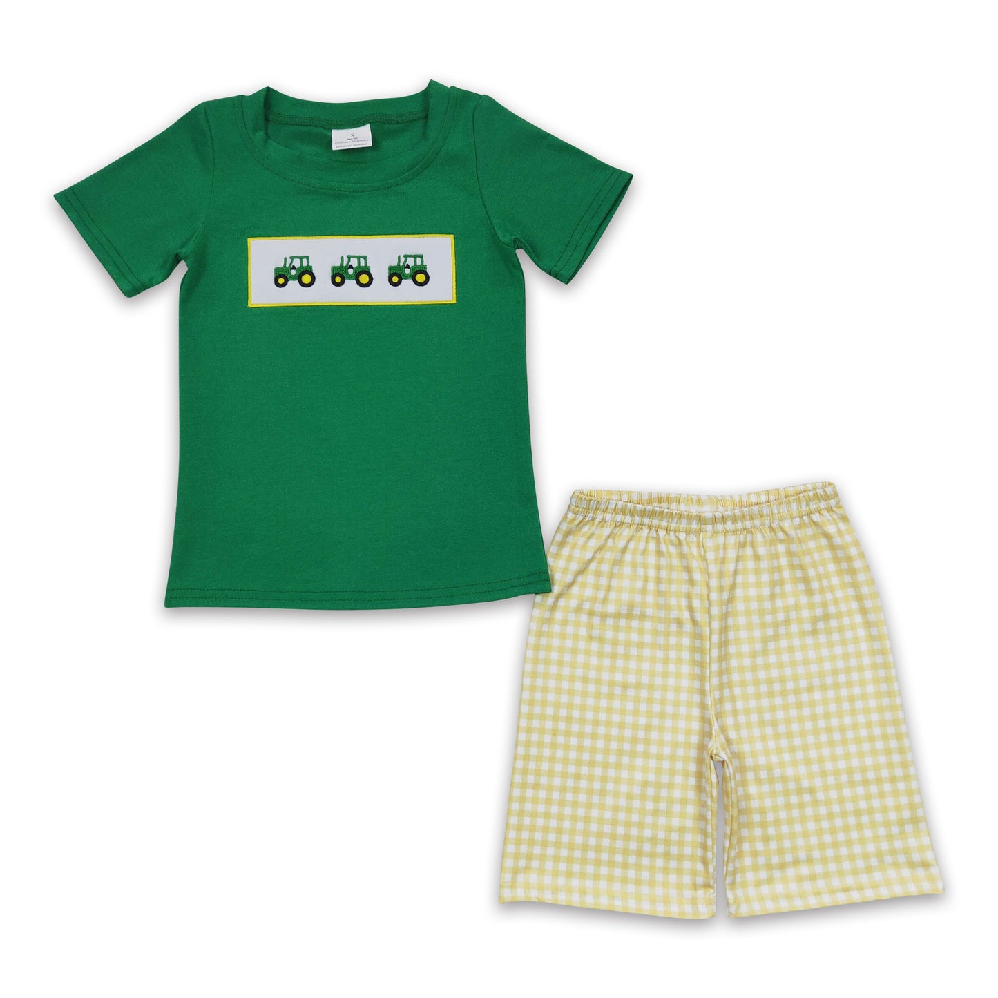 Promotion Baby Boy Green Short Sleeves Embroidery Tractors Cotton Shirt Shorts Outfit RTS