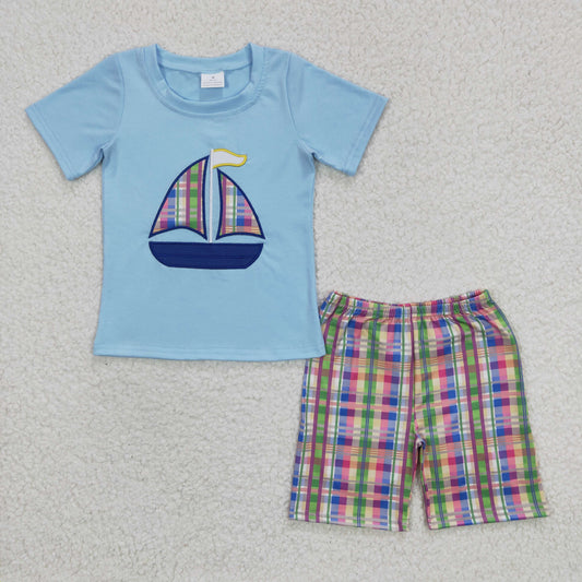 Promotion Baby Boys Kids Short Sleeves Embroidery Boat Shirt Plaid Shorts Outfit RTS