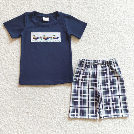 Promotion Baby Boy Embroidery Ducks Cotton Shirt Plaid Shorts Summer Outfit