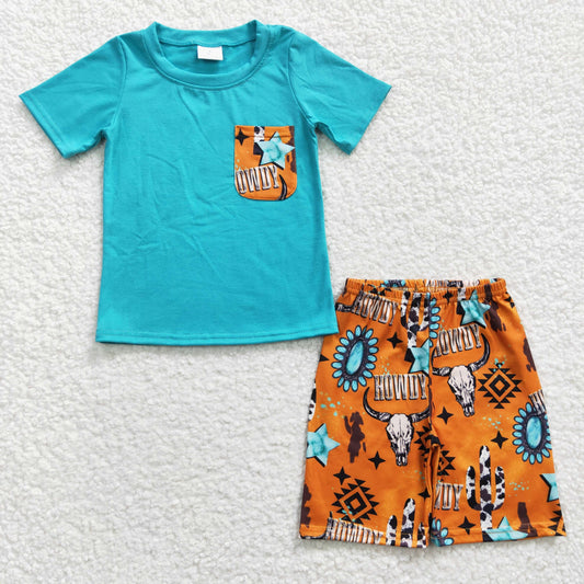 Promotion Baby Boy Short Sleeves Pocket Shirt Cow Shorts Summer Western Outfit