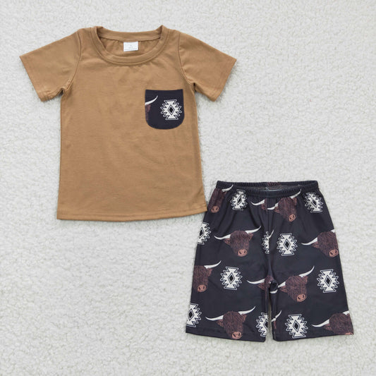 Promotion Baby Boy Short Sleeves Pocket Shirt Cow Shorts Western Summer Outfit