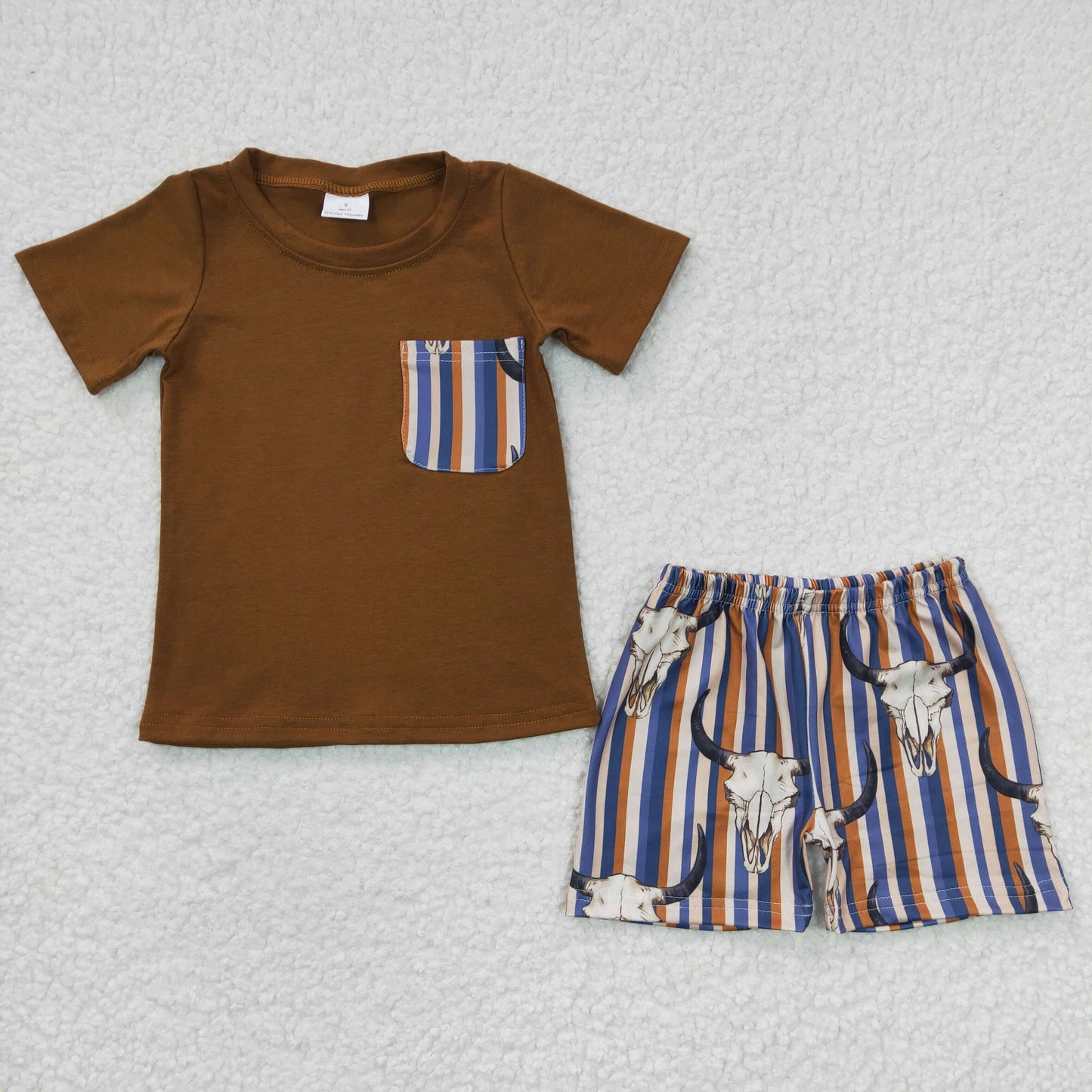 Promotion Baby Boy Western Cow Short Sleeves Pocket Cotton Shirt Stripe Shorts Outfit RTS