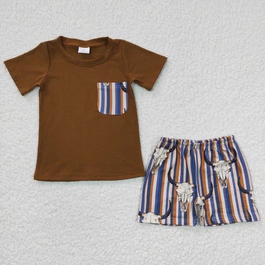 Promotion Baby Boy Western Cow Short Sleeves Pocket Cotton Shirt Stripe Shorts Outfit RTS