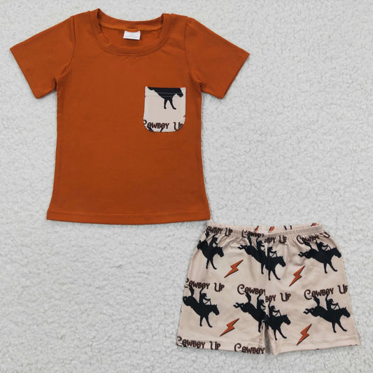 Promotion Baby Boy Short Sleeves Western Rodeo Pocket Shirt Shorts Summer Outfit RTS