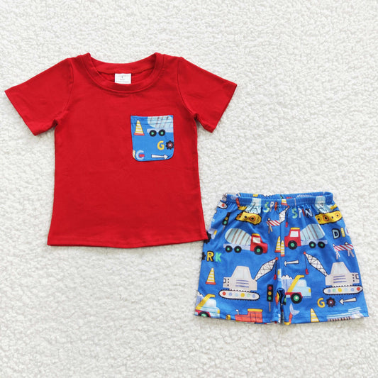 Promotion Baby Boy Pocket Red Short Sleeves Shirt Construction Shorts Summer Outfit RTS
