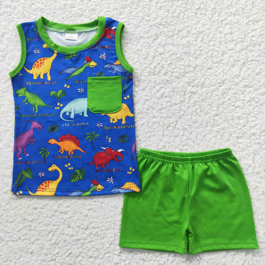 Promotion Baby Boy Dinosaurs Pocket Tops Green Cotton Shorts Summer Outfit RTS