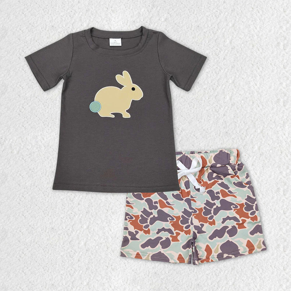 Baby Boys Short Sleeves Embroidery Rabbit Shirt Camo Shorts Easter Set RTS