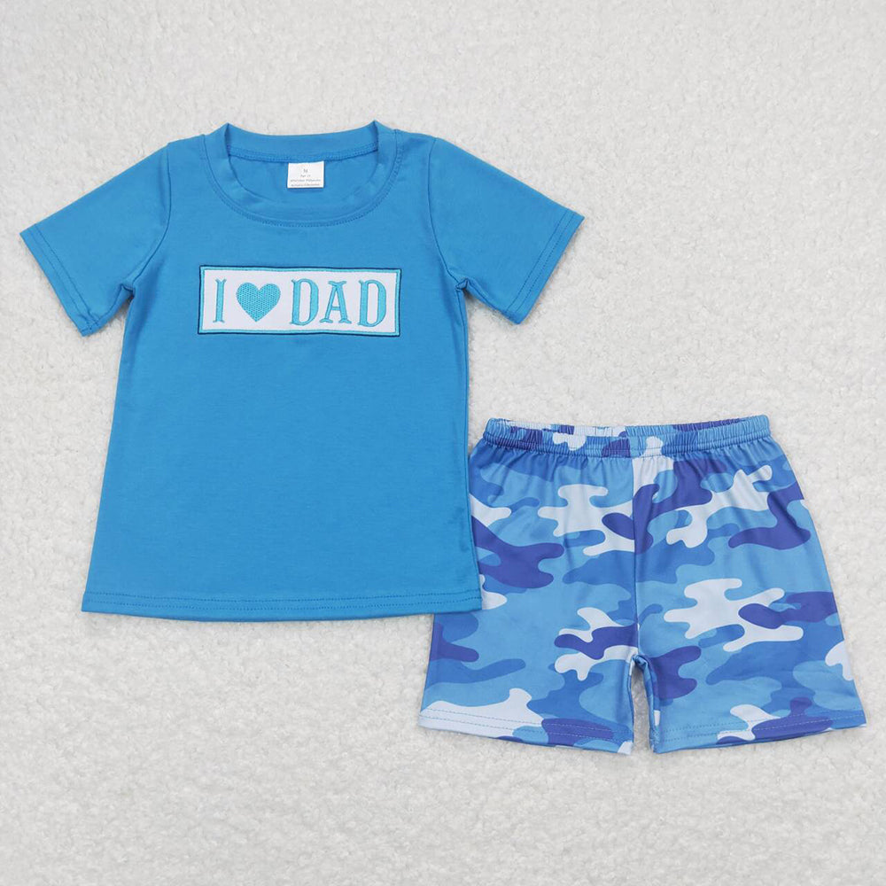 Baby Boy Short Sleeves Embroidery I Love Dad Camo Blue Sibling Clothes Outfit RTS
