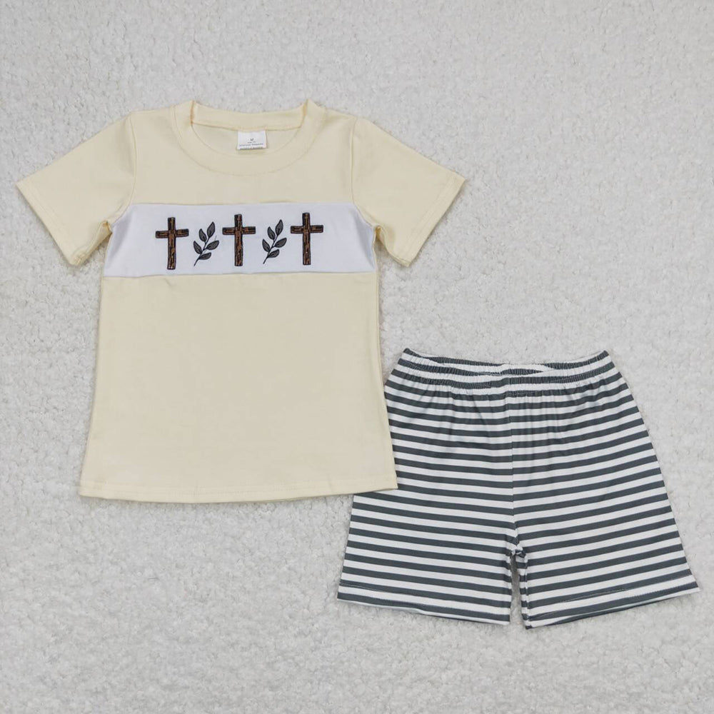Baby Boy Girl Short Sleeves Embroidery Easter Cross Sibling Romper Dress Clothes Set