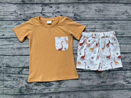 Baby Boy Short Sleeves Orange Shirt Dinosaurs Pocket Shorts Set