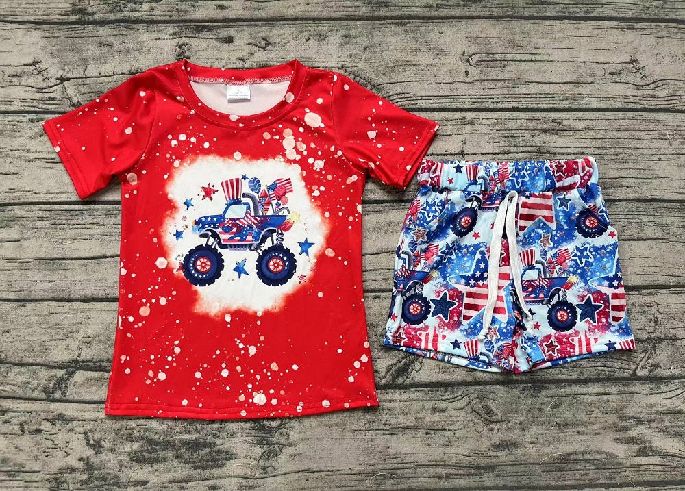 Pre-order Baby Boy Short Sleeves Red Shirt Trucks Stars Pocket Shorts July 4th Set