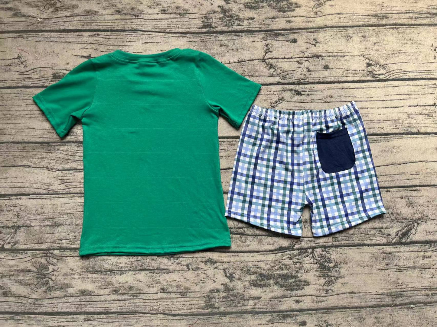 No moq Pre-order Baby Boy Green Short Sleeves Ducks Shirt Plaid Shorts Set