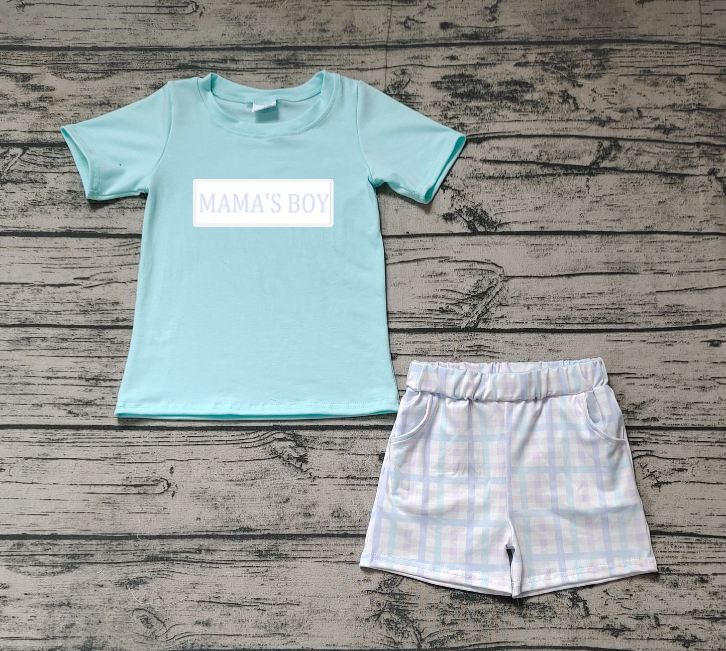 Pre-order Kids Short Sleeves Mama's Boy Shirt Plaid Shorts Set