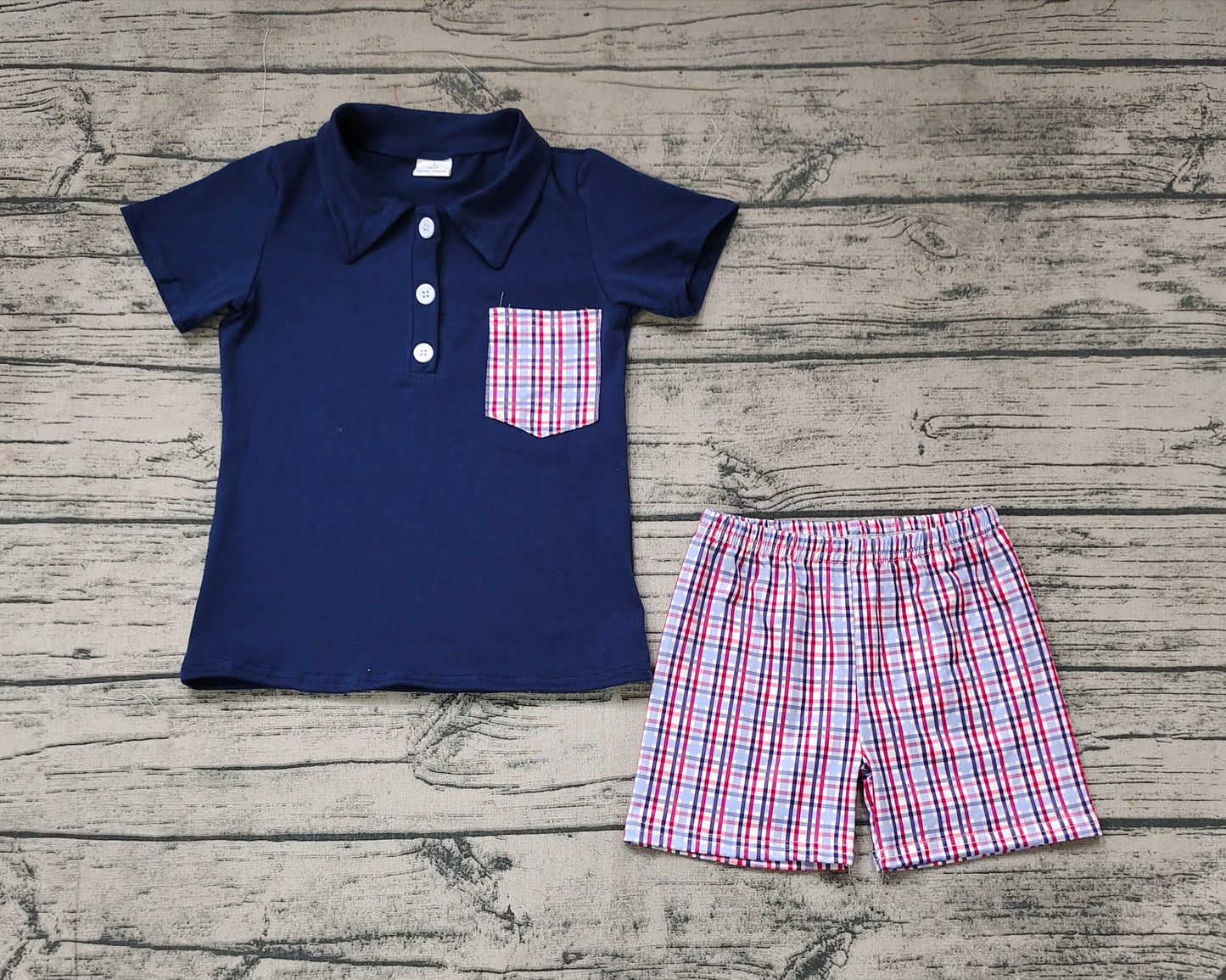 No moq Pre-order Baby Boy Navy Blue Short Sleeves Polo Shirt Plaid Shorts Set