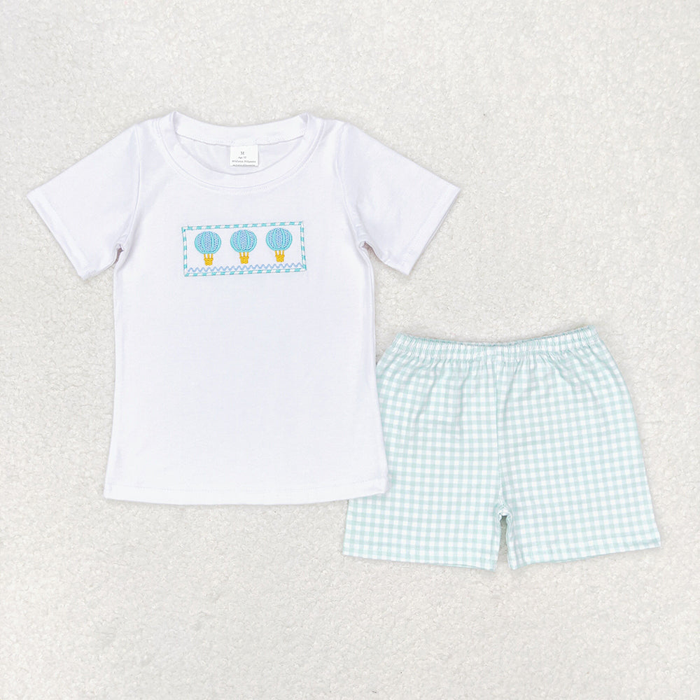 Boy Baby Girl Embroidery Hot Balloons Checked Sibling Romper Shorts Set RTS