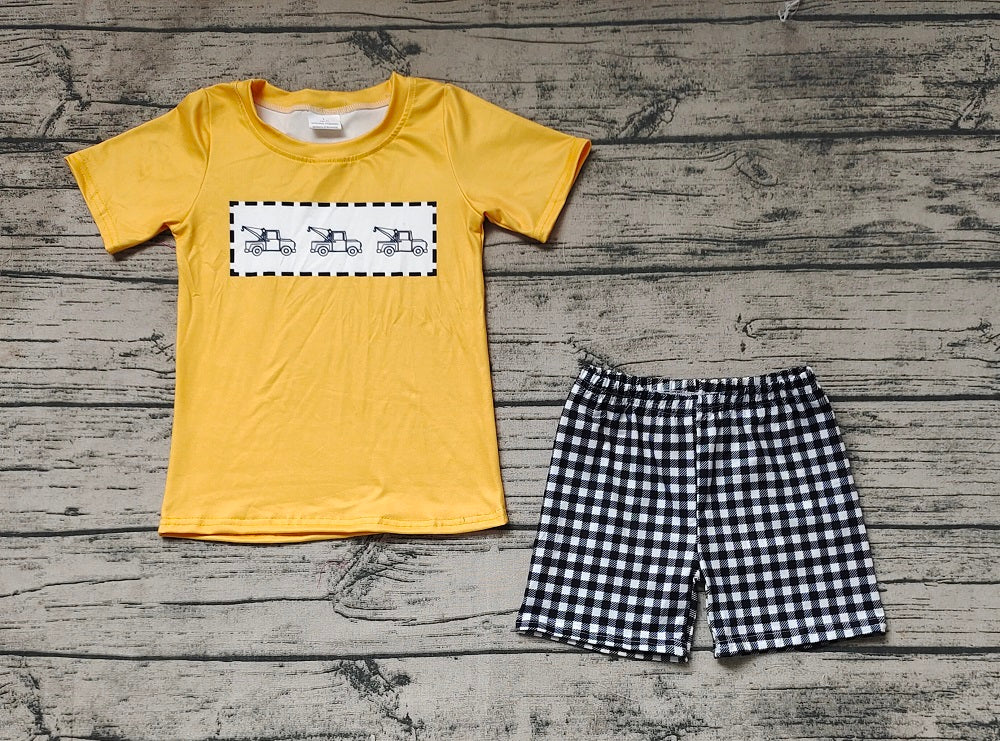 Pre-order Baby Boy Yellow Short Sleeves Trucks Shirt Plaid Shorts Set