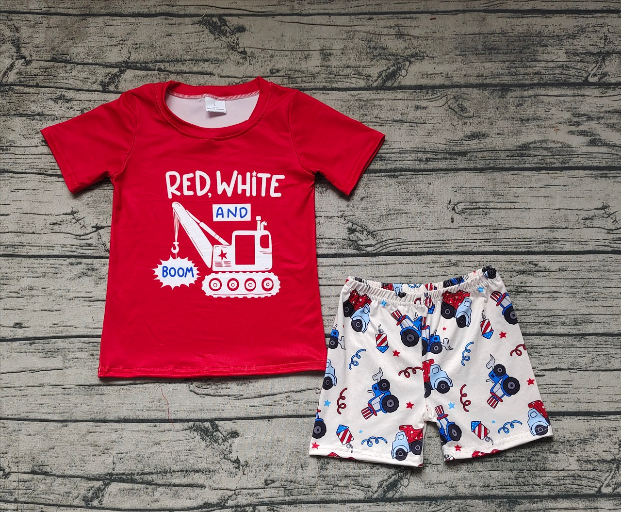 Pre-order Baby Boy Short Sleeves Red Shirt Construction Truck Shorts Set