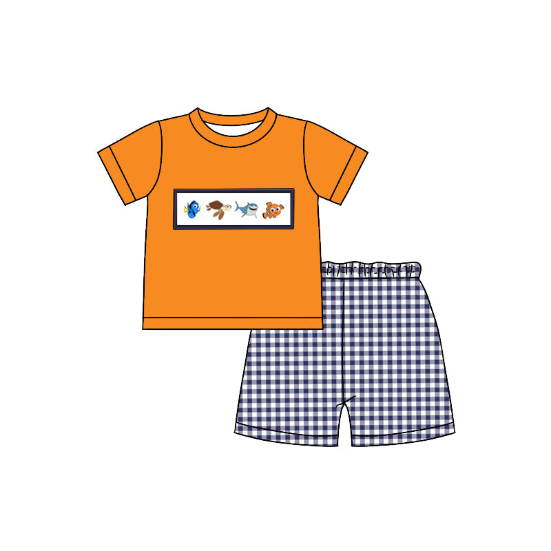 Baby Boy Orange Fish Shirt Plaid Shorts Clothes Set