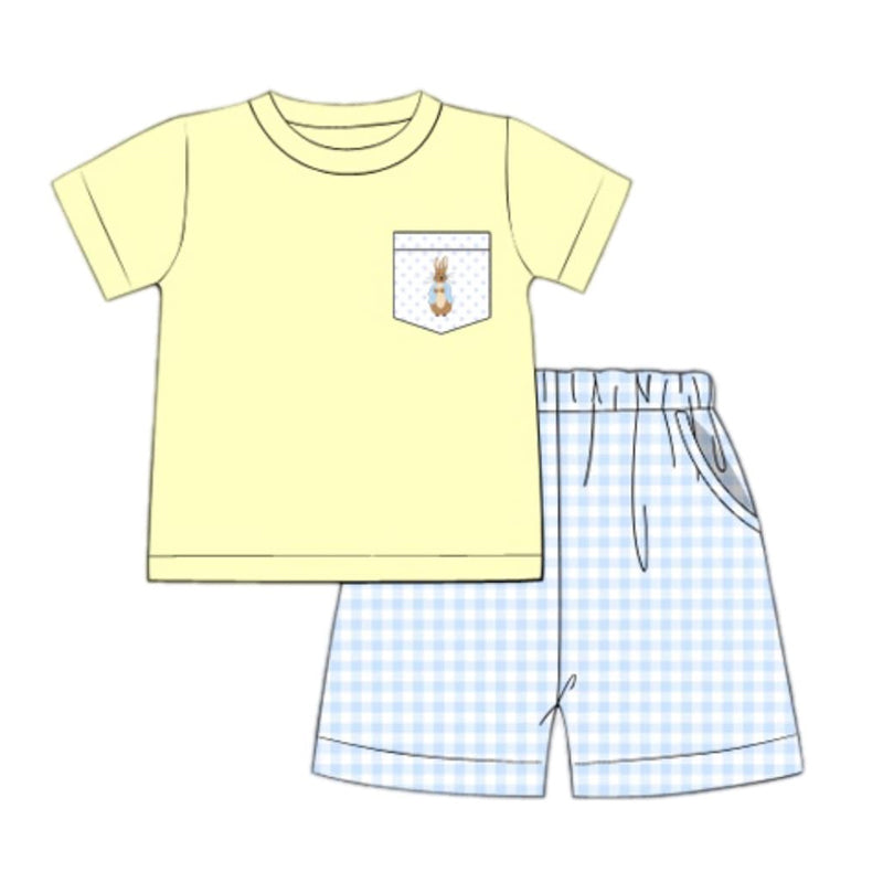 Pre-order Baby Boy Short Sleeves Easter Bunny Pocket Shirt Plaid Shorts Clothes Set