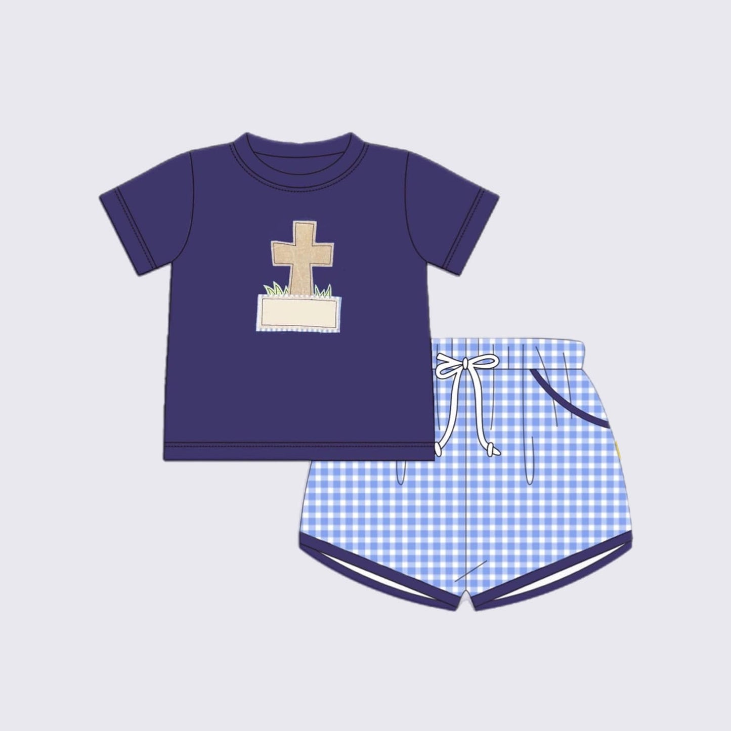 Pre-order Baby Boy Easter Cross Shirt Plaid Shorts Clothes Set