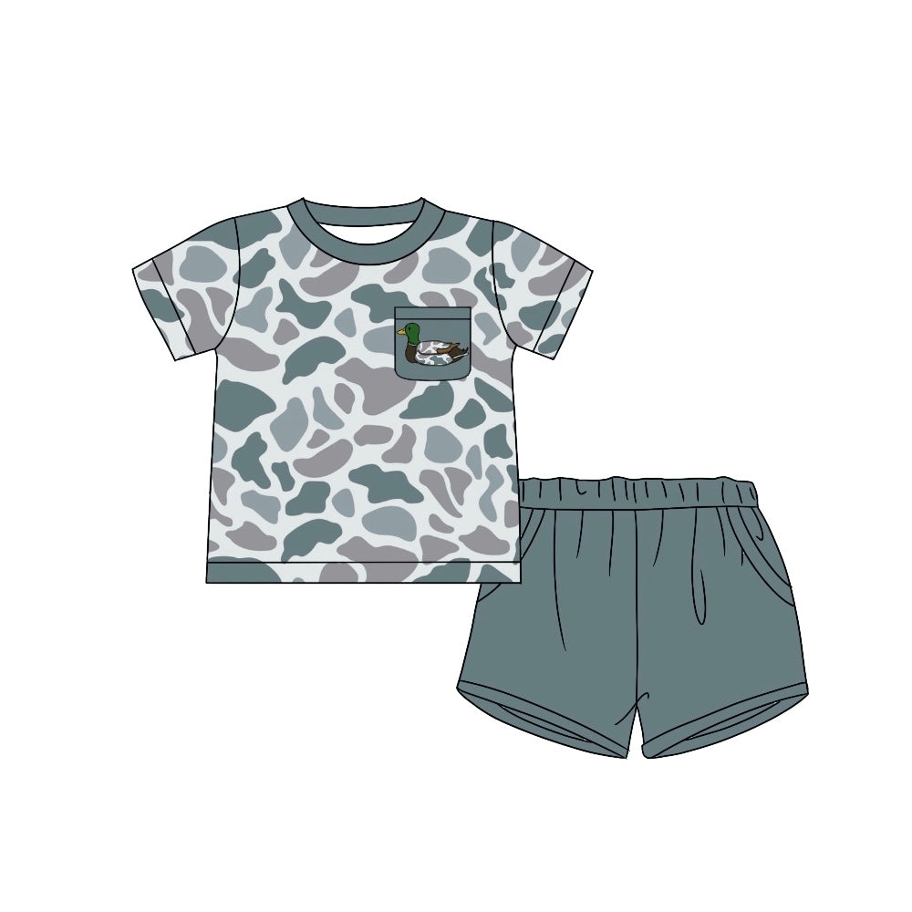 Preorder Baby Boy Grey Camo Duck Pocket Shirt Shorts Clothes Set
