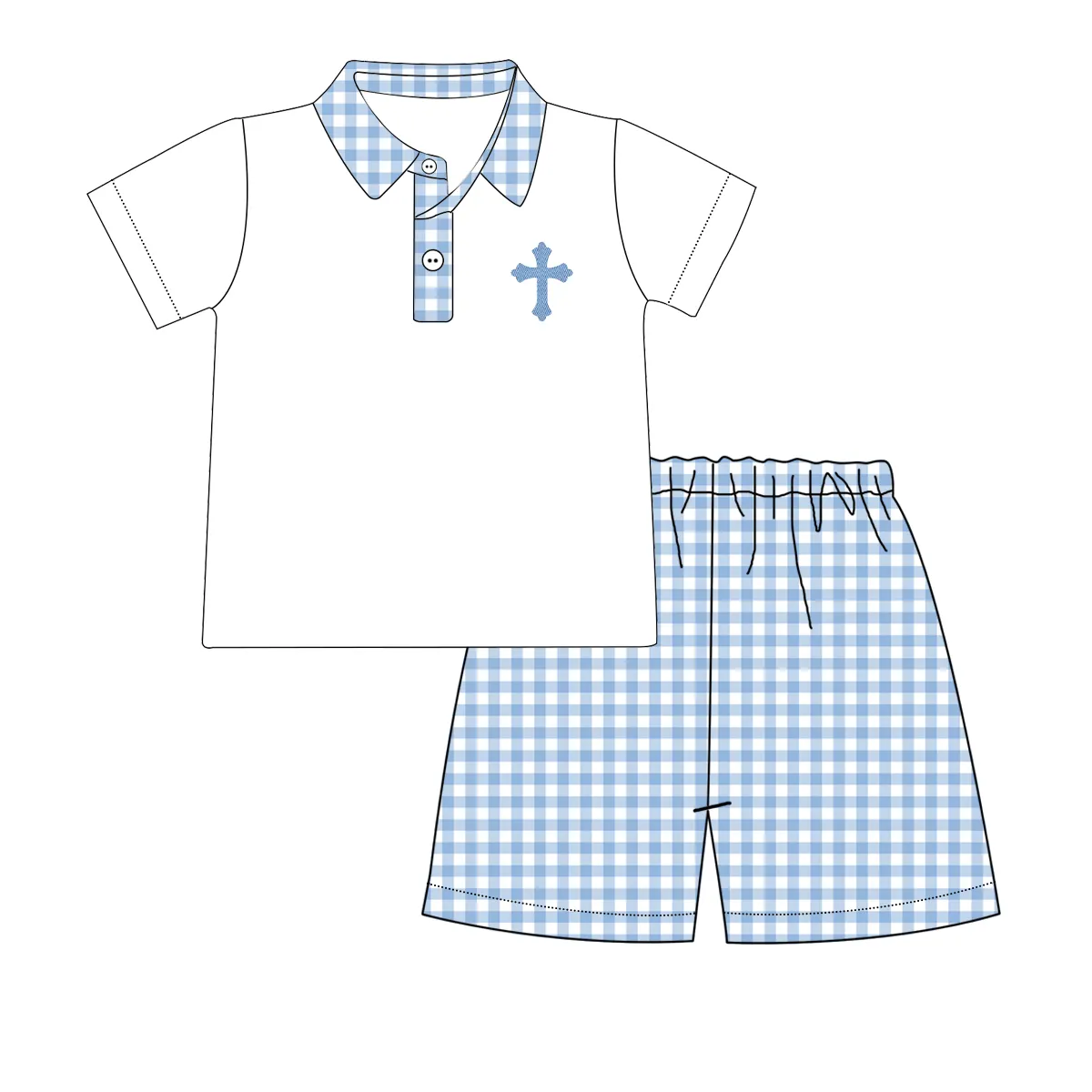 Preorder Baby Boy Short Sleeves Easter Cross Shirt Blue Plaid Shorts Clothes Set