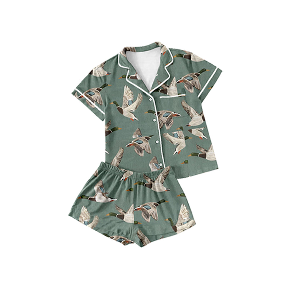 Preorder Baby Girl Short Sleeves Ducks Buttons Shirt Shorts Pajamas Clothes Hunting Green Set