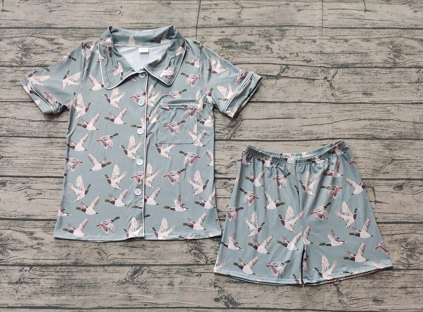 Adult Women Short Sleeves Ducks Buttons Shirt Shorts Pajamas Clothes Hunting Green Set