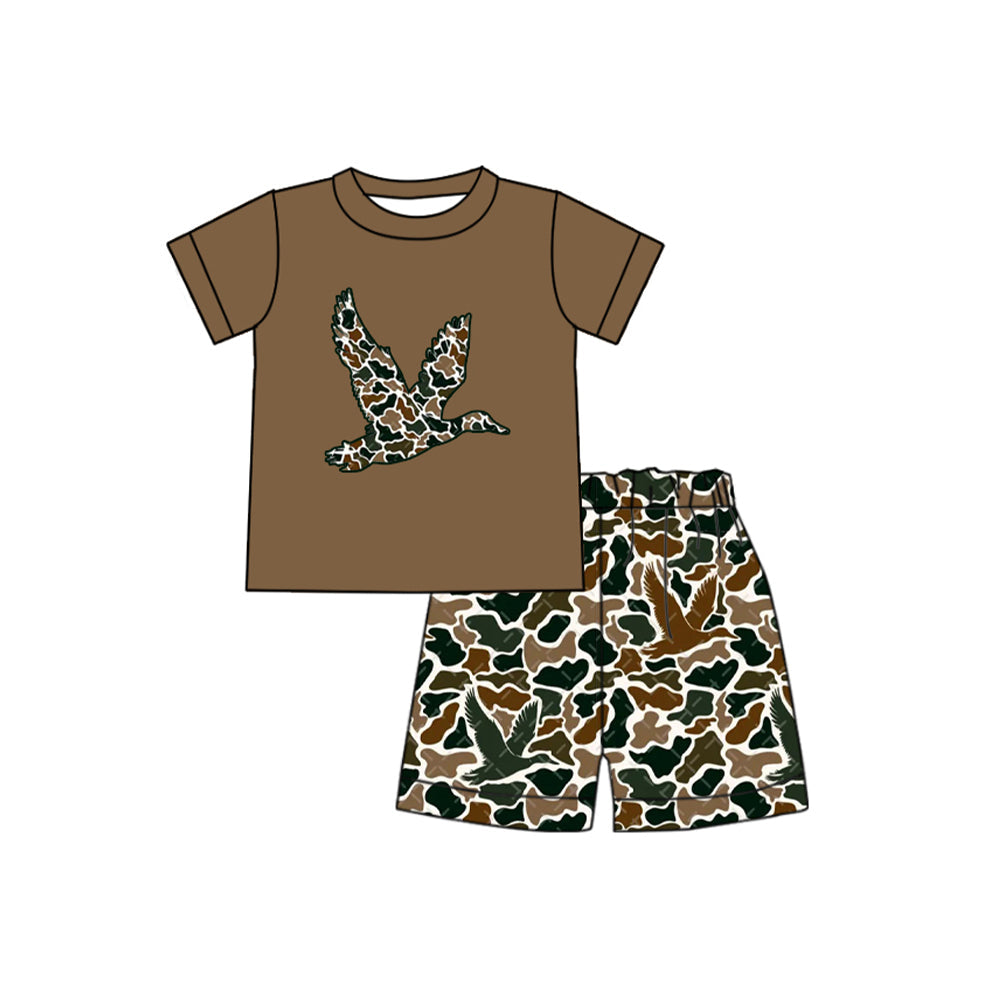 Preorder Baby Boy Short Sleeves Brown Duck Shirt Camo Shorts Clothes Set