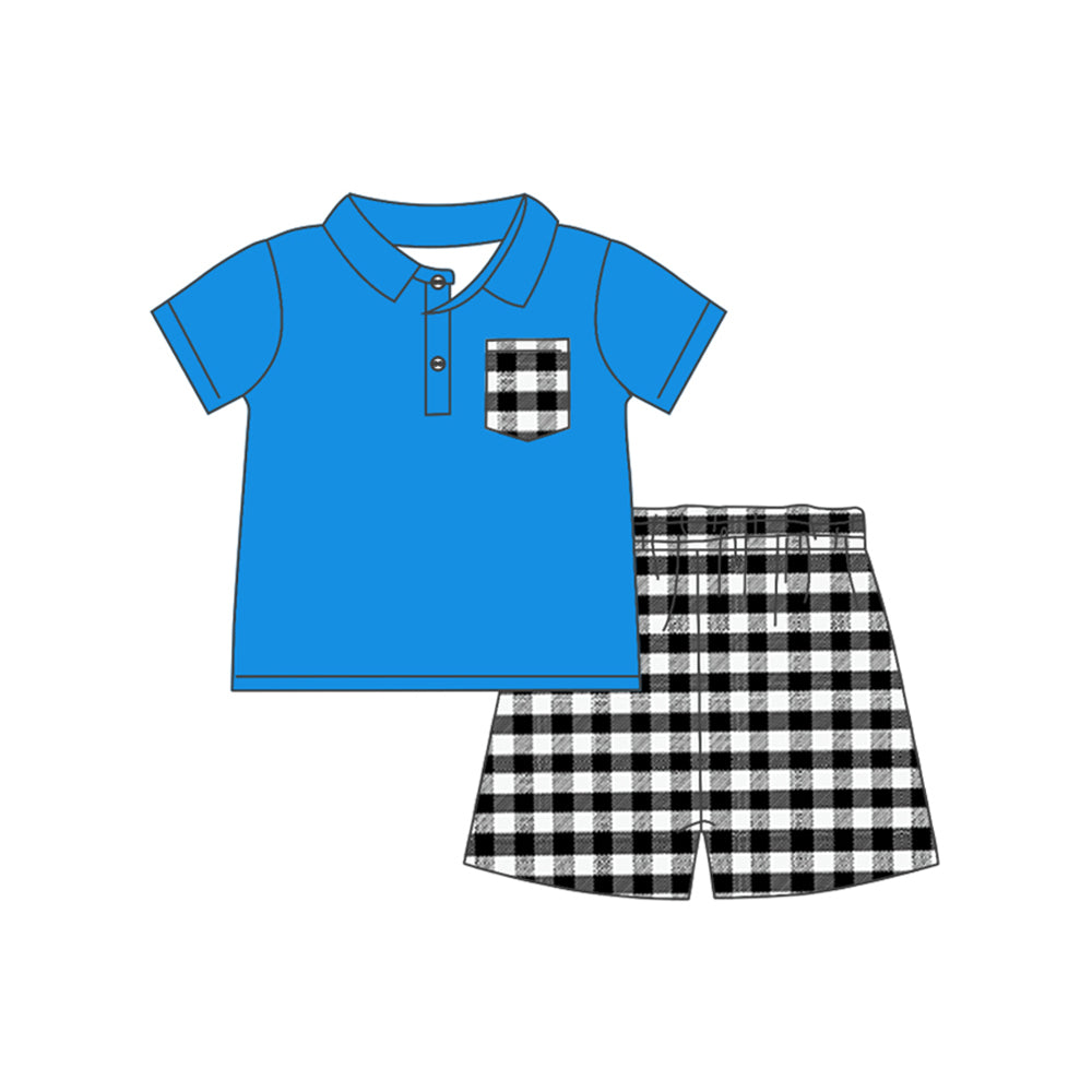 Preorder Baby Boy Short Sleeves Blue Buttons Shirt Black Plaid Shorts Clothes Set