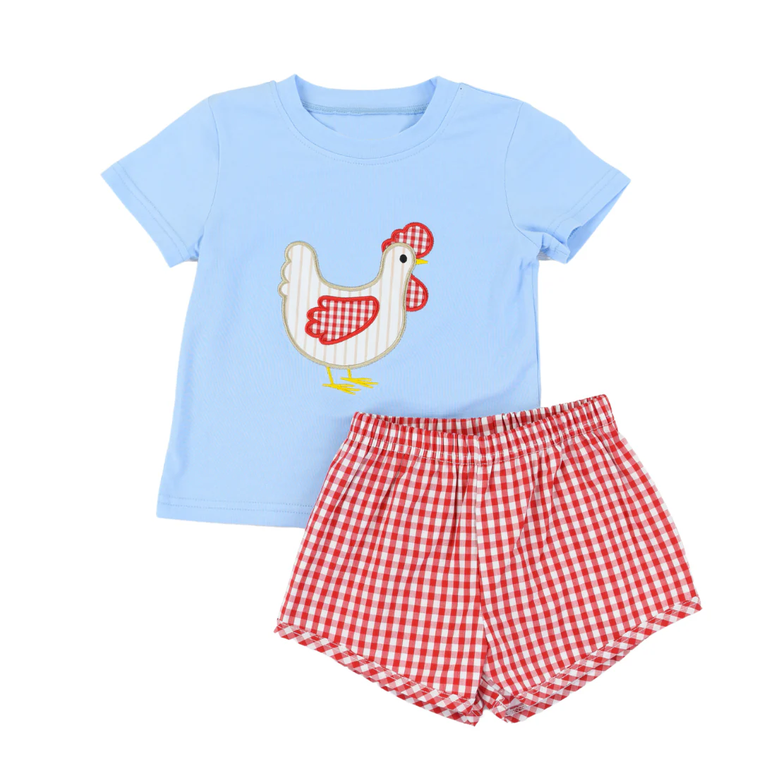 Preorder Baby Boy Blue Short Sleeves Chicken Shirt Red Plaid Shorts Clothes Set