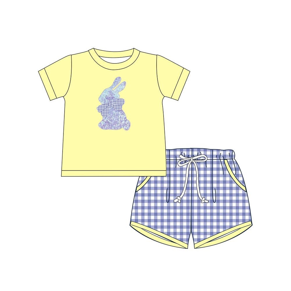 Preorder Baby Boy Short Sleeves Easter Rabbit Yellow Shirt Plaid Shorts Clothes Set