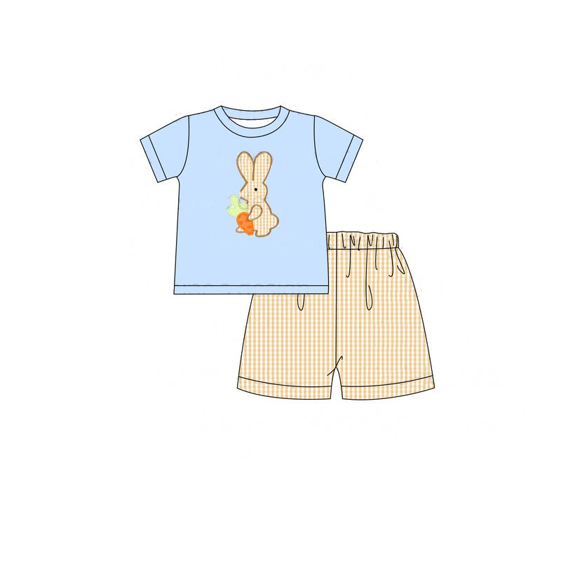 Preorder Baby Boy Short Sleeves Easter Rabbit Carrot Shirt Plaid Shorts Clothes Set