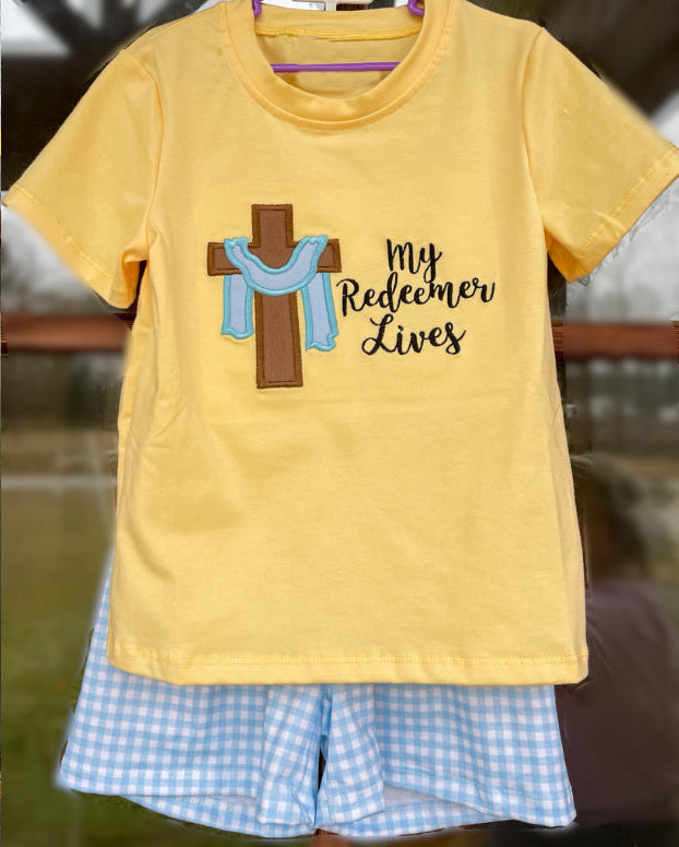 Preorder Baby Boy Short Sleeves Easter Cross Shirt Plaid Shorts Clothes Set