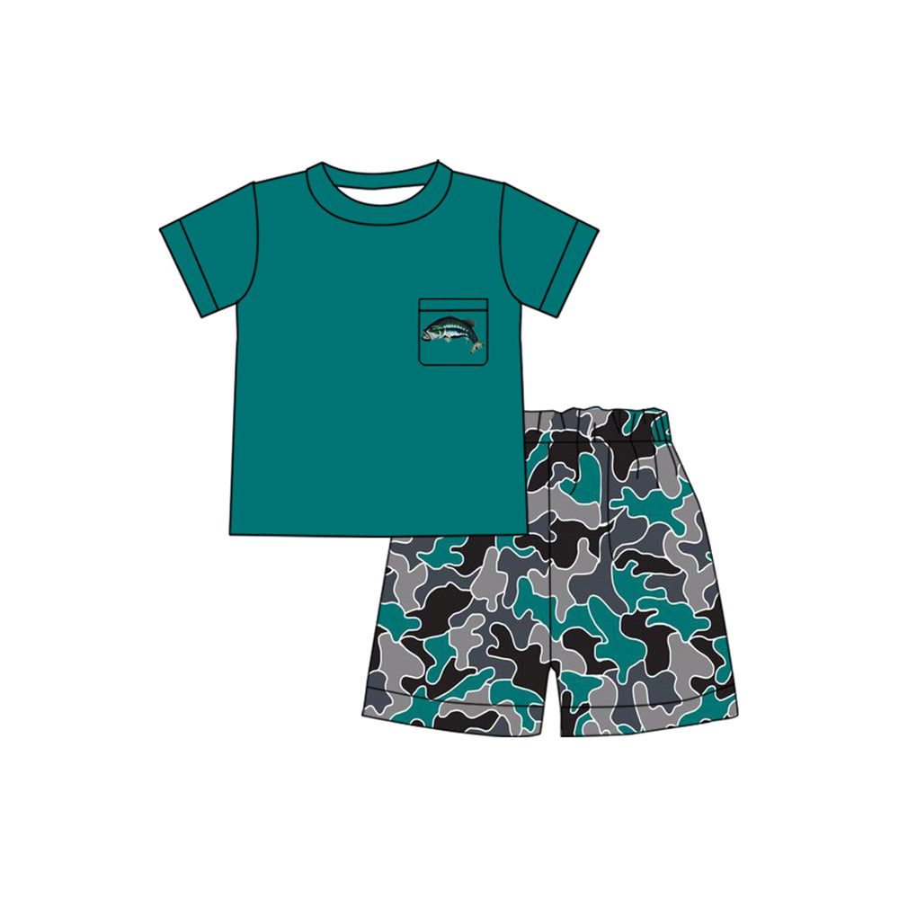 Preorder Baby Boy Short Sleeves Pocket Shirt Camo Fish Shorts Clothes Set