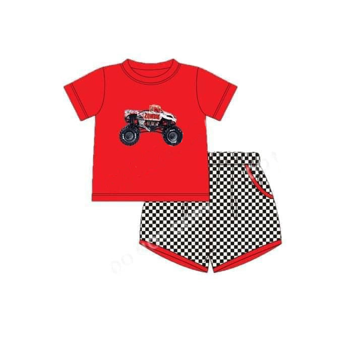 Preorder Baby Boy Short Sleeves Truck Red Shirt Checkered Pocket Shorts Clothes Set